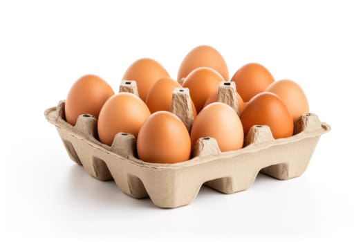 Open egg box with ten brown eggs isolated on white background. ai generated