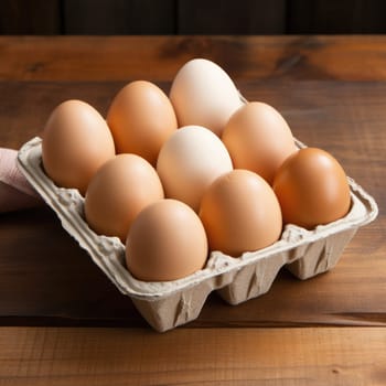 Open egg box with ten brown eggs isolated on wooden background. ai generated