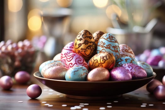 Chocolate eggs in colorful foil for easter. ai generated