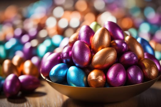 Chocolate eggs in colorful foil for easter. ai generated
