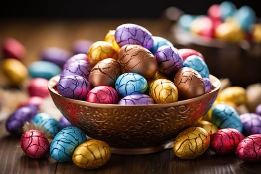 Chocolate eggs in colorful foil for easter. ai generated