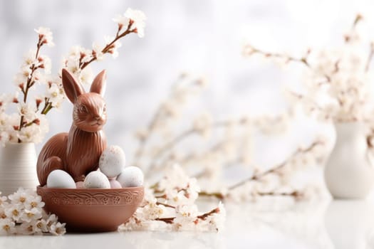 Chocolate eggs, easter bunny and spring flowers on light background. ai generated