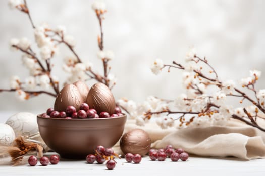 Chocolate eggs and spring flowers on light background. ai generated