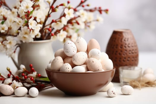 Chocolate eggs and spring flowers on light background. ai generated