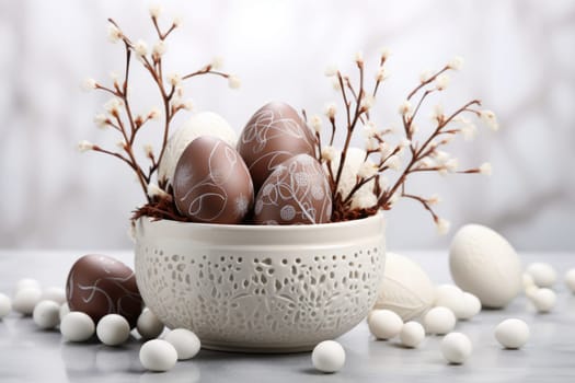 Chocolate eggs and spring flowers on light background. ai generated