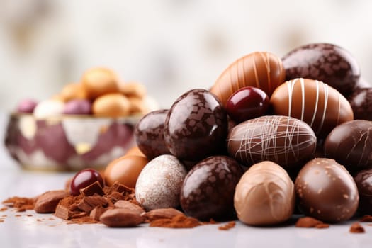 Chocolate eggs and spring flowers on light background. ai generated