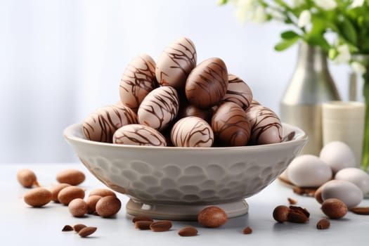 Chocolate eggs and spring flowers on light background. ai generated