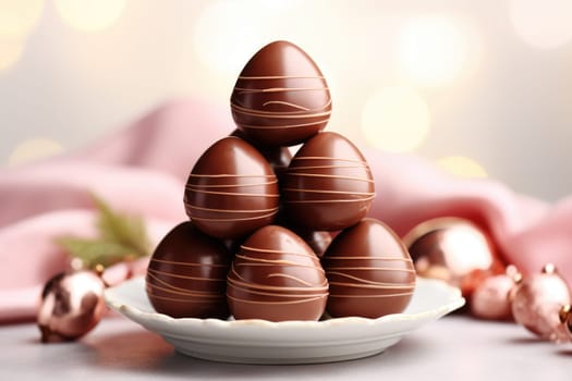 Chocolate eggs and spring flowers on light background. ai generated