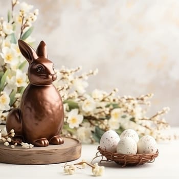 Chocolate eggs, easter bunny and spring flowers on light background. ai generated
