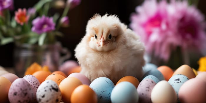 cute easter egger chicken with eggs. ai generated