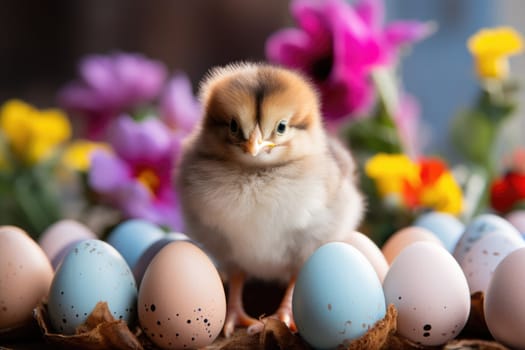 cute easter egger chicken with eggs. ai generated