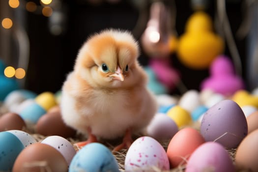 cute easter egger chicken with eggs. ai generated