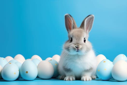 Cute white bunny with Easter eggs on blue background with copy space. ai generated
