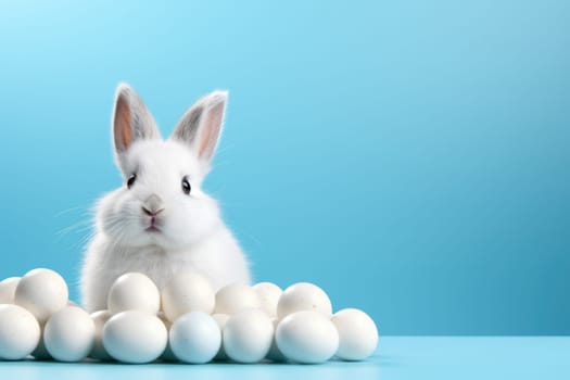 Cute white bunny with Easter eggs on blue background with copy space. ai generated