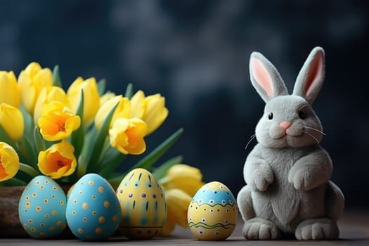 easter bunny with yellow tulips and painted eggs on dark background, ai generated