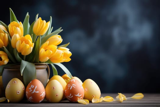 easter bunny with yellow tulips and painted eggs on dark background, ai generated