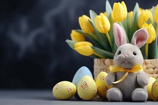 easter bunny with yellow tulips and painted eggs on dark background, ai generated