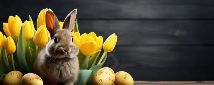 easter bunny with yellow tulips and painted eggs on dark background, ai generated