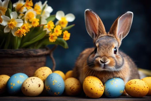 easter bunny with yellow tulips and painted eggs on dark background, ai generated