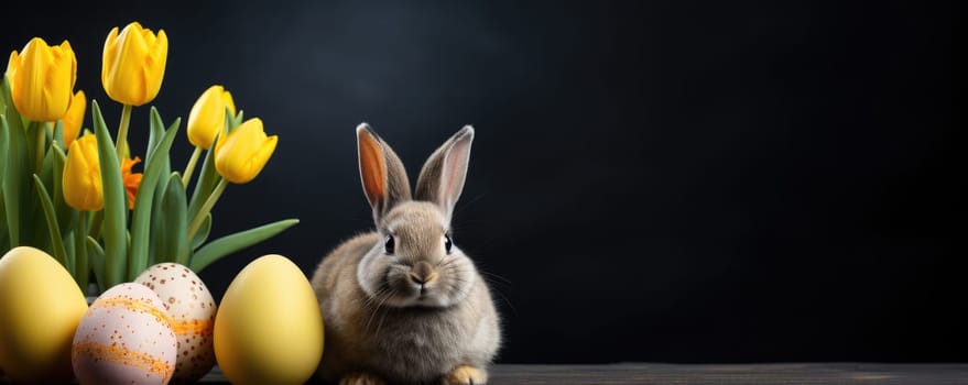 easter bunny with yellow tulips and painted eggs on dark background, ai generated
