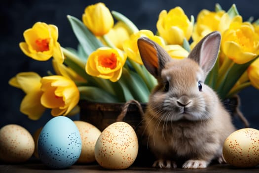 easter bunny with yellow tulips and painted eggs on dark background, ai generated