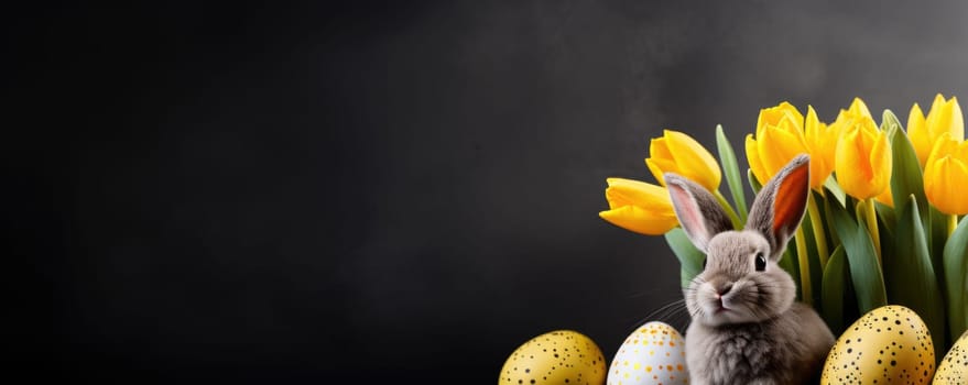 easter bunny with yellow tulips and painted eggs on dark background, ai generated