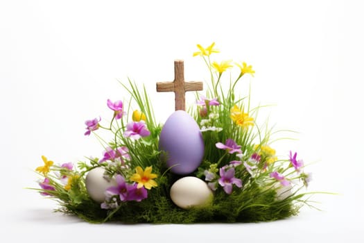 easter Cross with grass and colorfull easter eggs white background. ai generated
