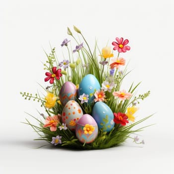 easter flowers with grass and colorfull eggs white background. ai generated