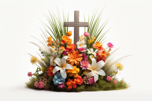 easter Cross with grass and colorfull easter eggs white background. ai generated