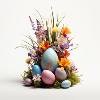 easter flowers with grass and colorfull eggs white background. ai generated