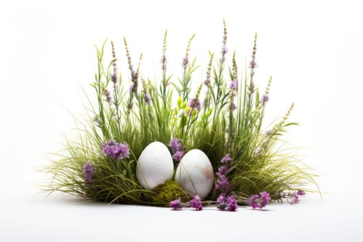 easter flowers with grass and colorfull eggs white background. ai generated