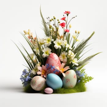 easter flowers with grass and colorfull eggs white background. ai generated