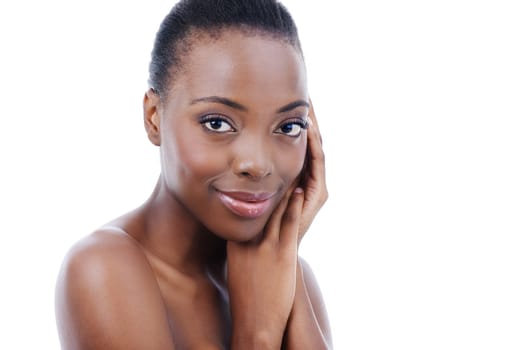 Makeup, portrait and happy black woman in studio with wellness, cosmetics or glowing skin results on white background. Beauty, smile or model with hands on face for foundation texture satisfaction.