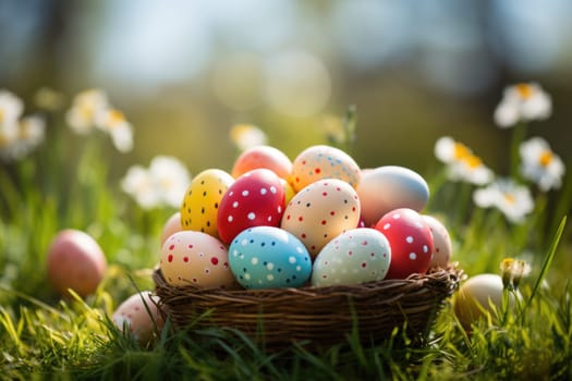 Basket of easter eggs on green grass at sunny day. ai generated