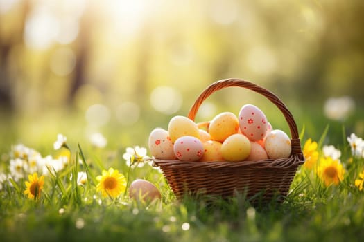 Basket of easter eggs on green grass at sunny day. ai generated