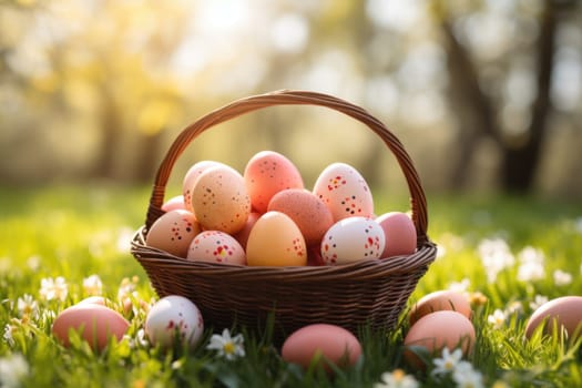 Basket of easter eggs on green grass at sunny day. ai generated