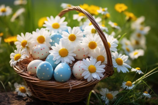 Basket of easter eggs on green grass with chamomile flowers at sunny day. ai generated