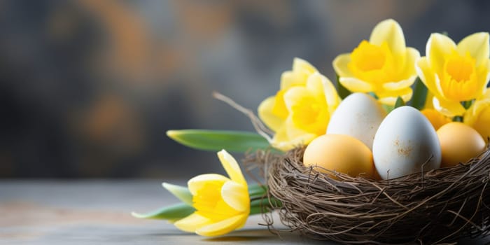 Easter festive spring table setting decoration, eggs in nest, fresh yellow tulips, ai generated