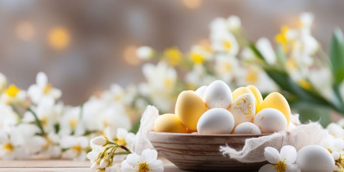 Easter festive spring table setting decoration, eggs in nest, fresh yellow tulips, ai generated