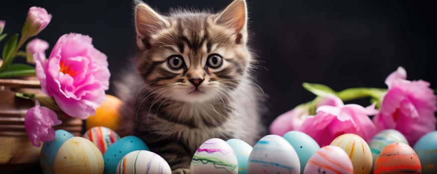 Beautiful kitten with blue eyes in easter eggs. ai generated