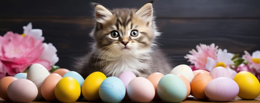 Beautiful kitten with blue eyes in easter eggs. ai generated