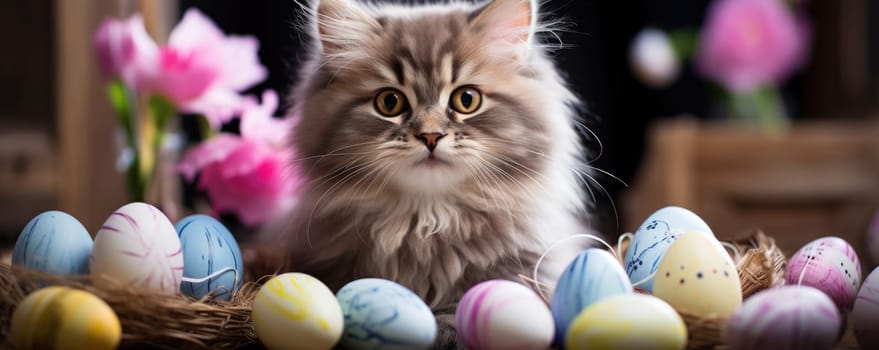Beautiful kitten with blue eyes in easter eggs. ai generated
