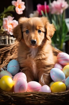 Beautiful puppy with blue eyes in easter eggs. ai generated