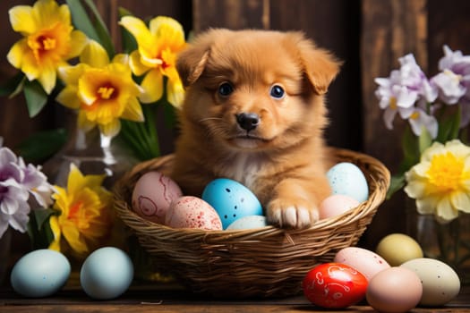 Beautiful puppy with blue eyes in easter eggs. ai generated