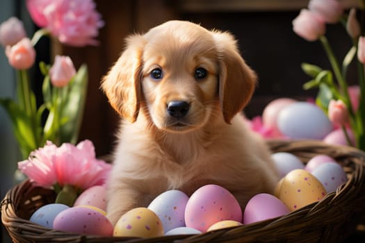 Beautiful puppy with blue eyes in easter eggs. ai generated