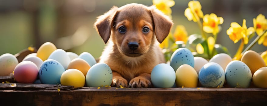 Beautiful puppy with blue eyes in easter eggs. ai generated