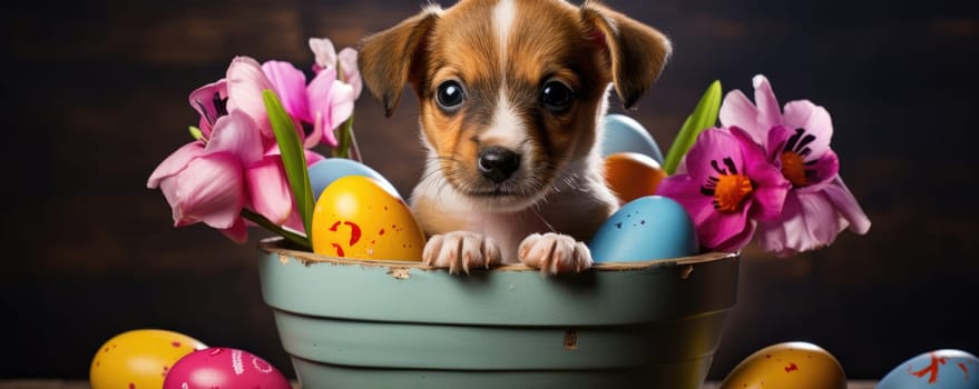 Beautiful puppy with blue eyes in easter eggs. ai generated