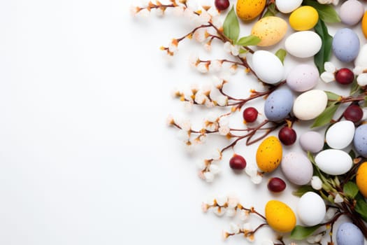 easter background with white eggs and flowers on light background. ai generated