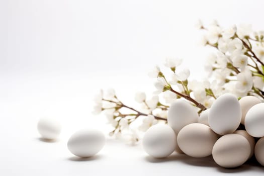 easter background with white eggs and flowers on light background. ai generated