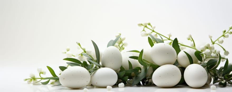 easter background with white eggs and flowers on light background. ai generated